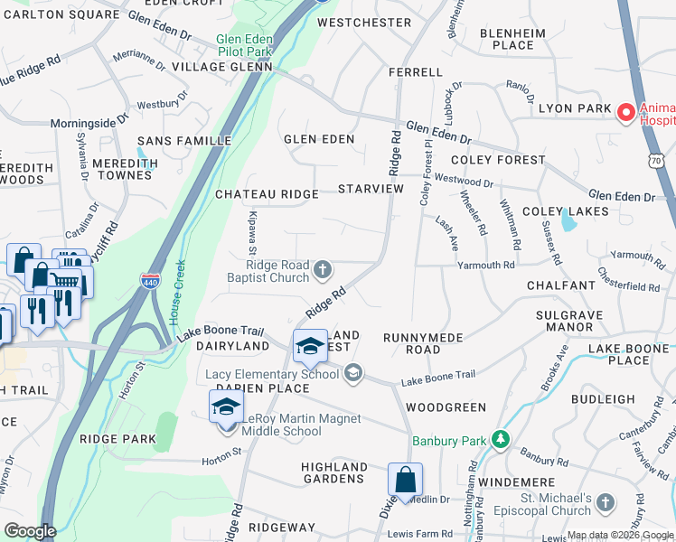 map of restaurants, bars, coffee shops, grocery stores, and more near 3309 Hampton Road in Raleigh