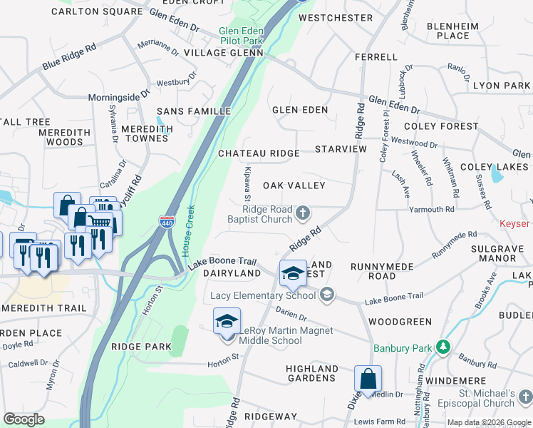 map of restaurants, bars, coffee shops, grocery stores, and more near 3341 Hampton Road in Raleigh