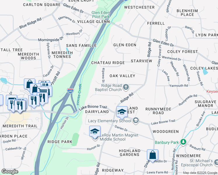 map of restaurants, bars, coffee shops, grocery stores, and more near 3401 Hampton Road in Raleigh