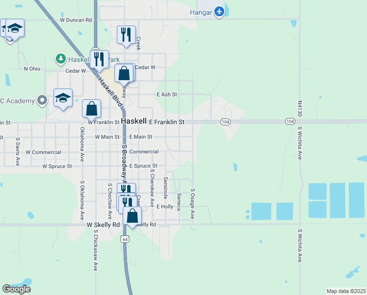 map of restaurants, bars, coffee shops, grocery stores, and more near 506 West Commercial Street in Haskell