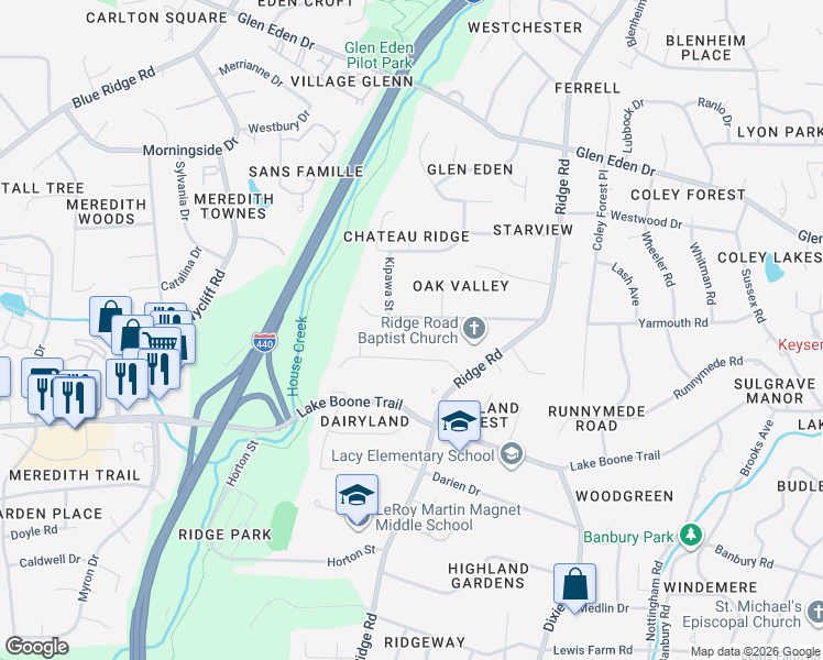 map of restaurants, bars, coffee shops, grocery stores, and more near 3401 Hampton Road in Raleigh