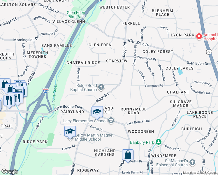 map of restaurants, bars, coffee shops, grocery stores, and more near 3309 Hampton Road in Raleigh