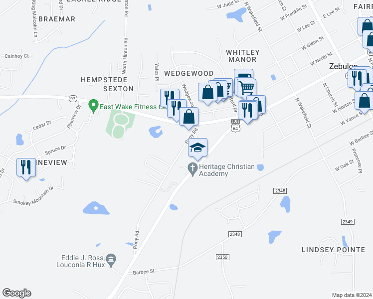 map of restaurants, bars, coffee shops, grocery stores, and more near 302 Pony Road in Zebulon