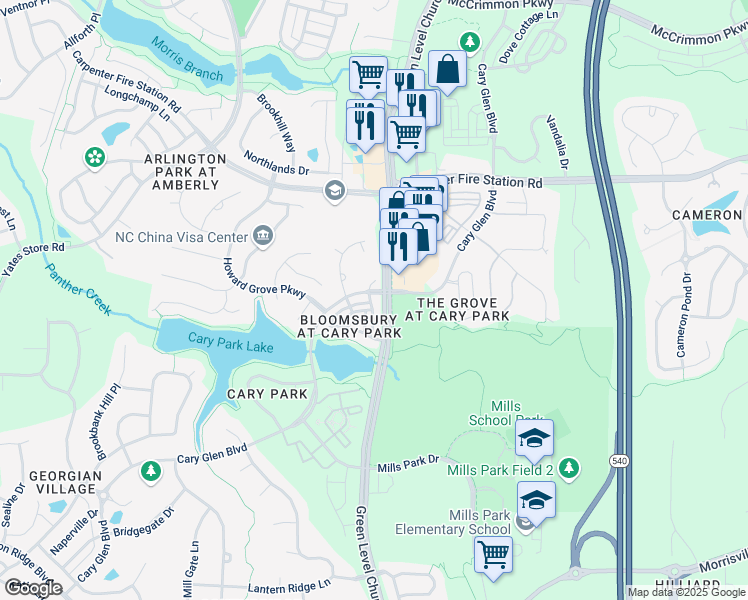 map of restaurants, bars, coffee shops, grocery stores, and more near 105 Braeside Court in Cary