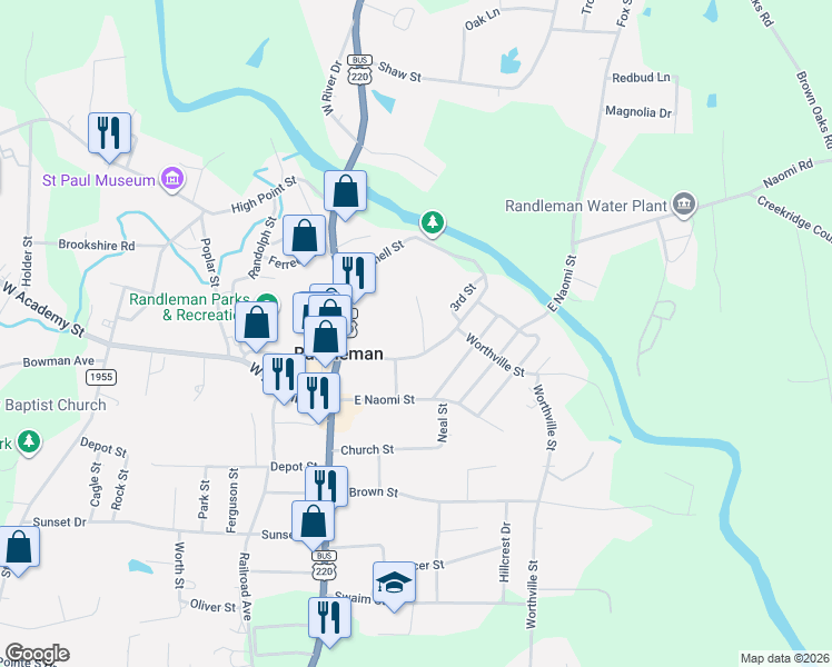 map of restaurants, bars, coffee shops, grocery stores, and more near 106 Penny Street in Randleman