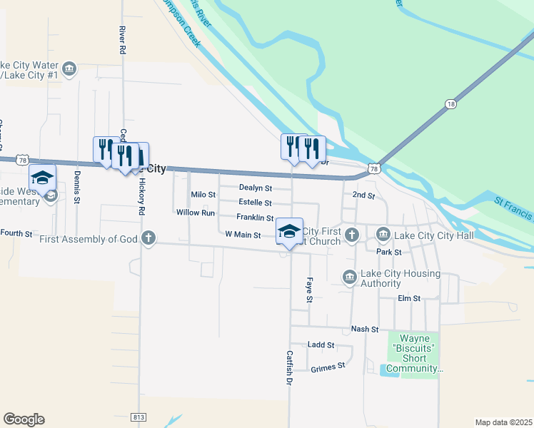 map of restaurants, bars, coffee shops, grocery stores, and more near 1008 Franklin Street in Lake City