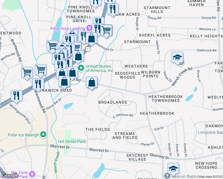 map of restaurants, bars, coffee shops, grocery stores, and more near 3201 Flintshire Road in Raleigh