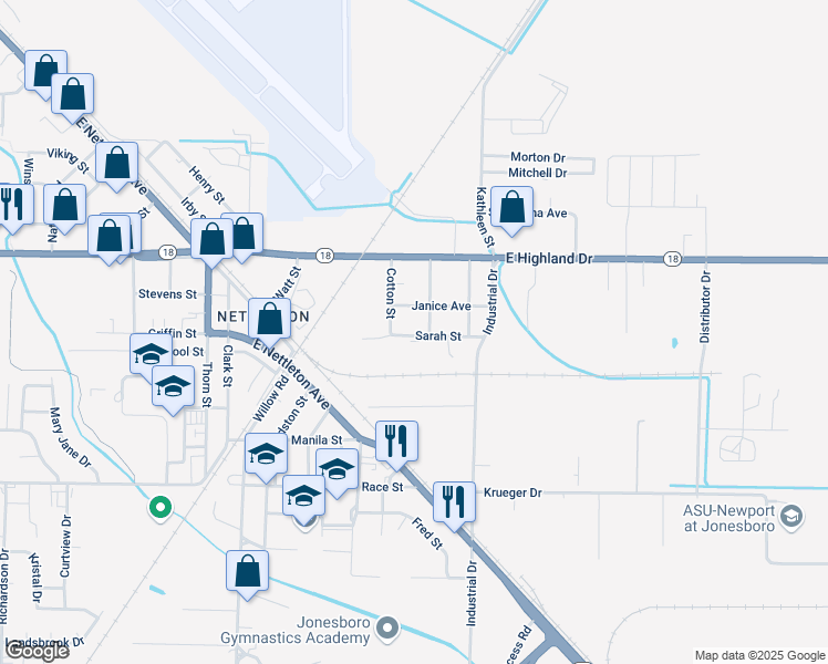 map of restaurants, bars, coffee shops, grocery stores, and more near 4406 Sarah Street in Jonesboro