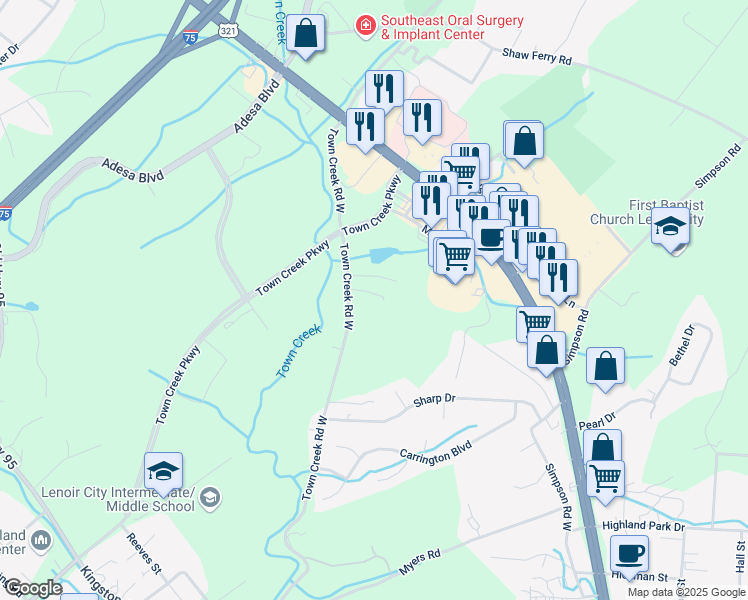 map of restaurants, bars, coffee shops, grocery stores, and more near 2450 Town Creek Road West in Lenoir City