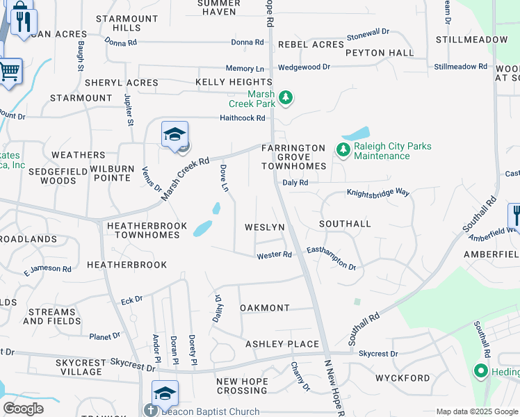 map of restaurants, bars, coffee shops, grocery stores, and more near 2829 Roundleaf Court in Raleigh