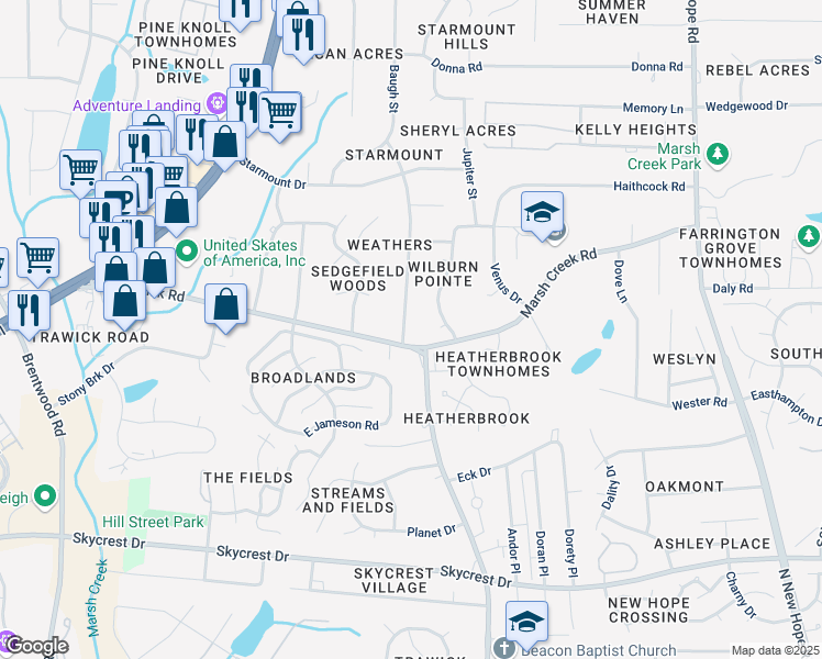 map of restaurants, bars, coffee shops, grocery stores, and more near 2804 Mars Street in Raleigh