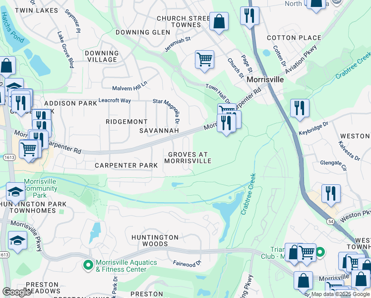 map of restaurants, bars, coffee shops, grocery stores, and more near 103 Fox Trail Lane in Morrisville