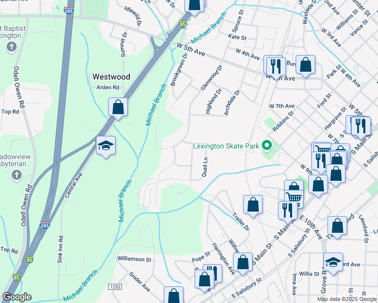 map of restaurants, bars, coffee shops, grocery stores, and more near 502 Hunters Way in Lexington
