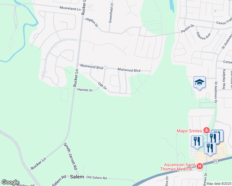 map of restaurants, bars, coffee shops, grocery stores, and more near 1543 Oak Drive in Murfreesboro
