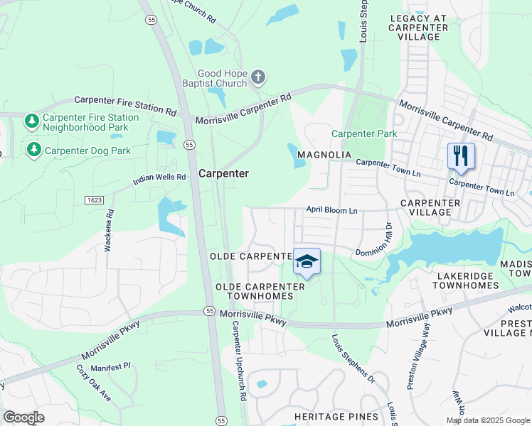 map of restaurants, bars, coffee shops, grocery stores, and more near 607 April Bloom Lane in Cary