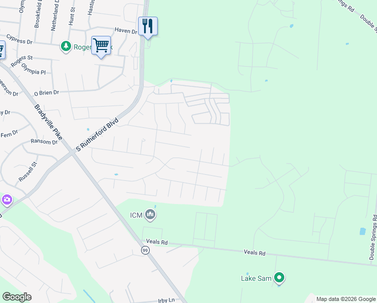 map of restaurants, bars, coffee shops, grocery stores, and more near 2546 Hillingdon Drive in Murfreesboro