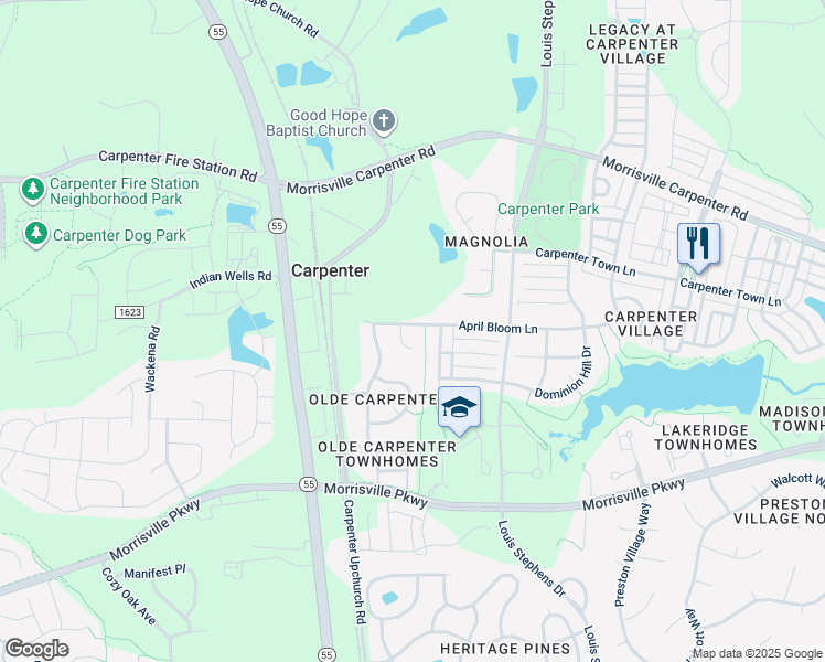 map of restaurants, bars, coffee shops, grocery stores, and more near 601 April Bloom Lane in Cary