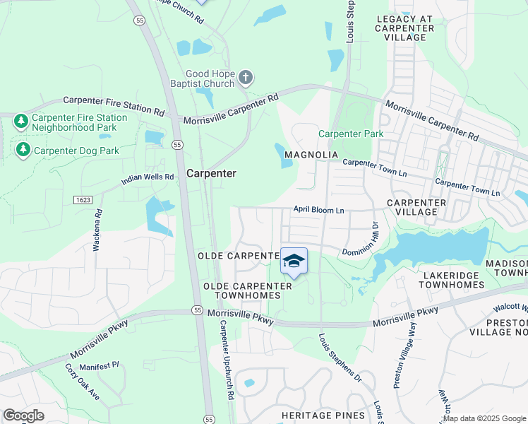 map of restaurants, bars, coffee shops, grocery stores, and more near 601 April Bloom Lane in Cary
