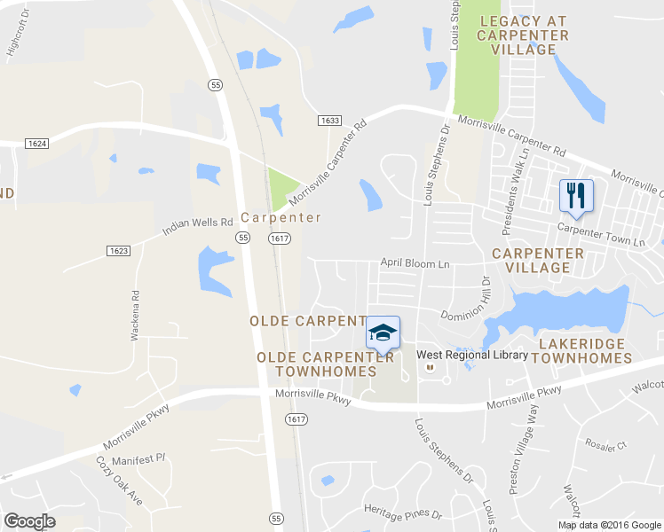 map of restaurants, bars, coffee shops, grocery stores, and more near 607 April Bloom Lane in Cary