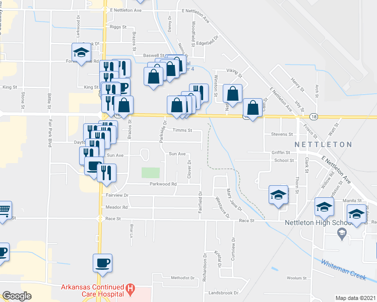 map of restaurants, bars, coffee shops, grocery stores, and more near 3400 Sun Avenue in Jonesboro