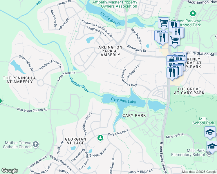 map of restaurants, bars, coffee shops, grocery stores, and more near 314 Belles Landing Court in Cary