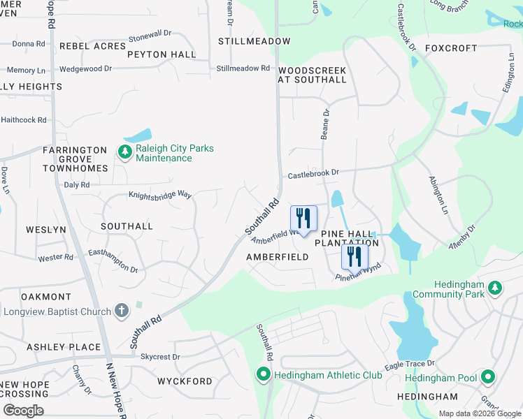 map of restaurants, bars, coffee shops, grocery stores, and more near 4924 Heatherfield Way in Raleigh