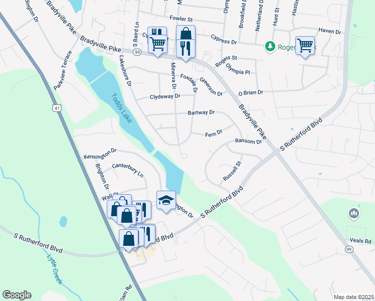 map of restaurants, bars, coffee shops, grocery stores, and more near 1707 Minerva Drive in Murfreesboro