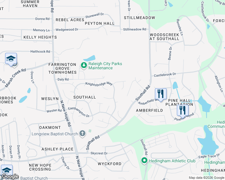 map of restaurants, bars, coffee shops, grocery stores, and more near 2701 Kempsford Place in Raleigh