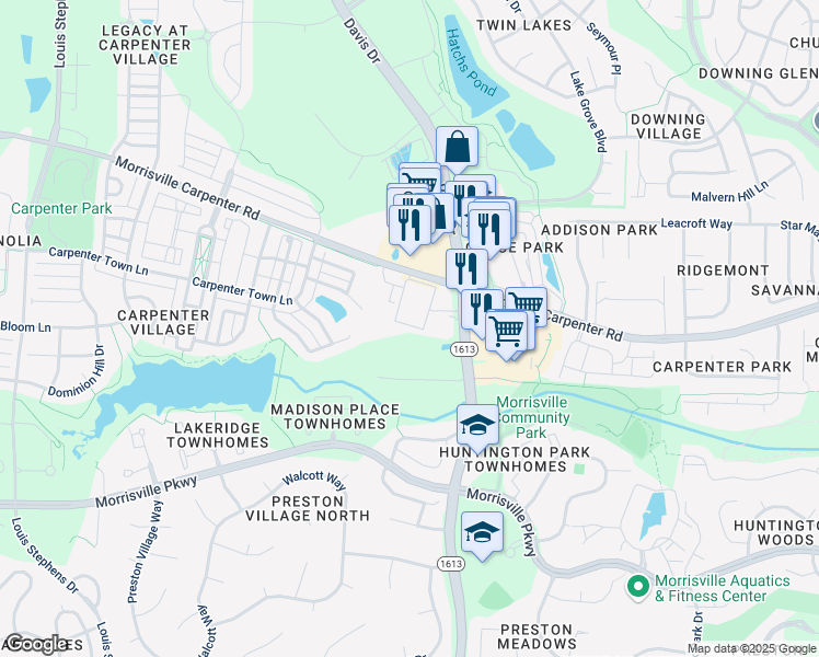 map of restaurants, bars, coffee shops, grocery stores, and more near 211 Magnolia Bloom Court in Cary