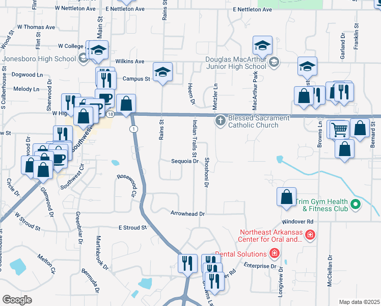 map of restaurants, bars, coffee shops, grocery stores, and more near 2113 Indian Trails Street in Jonesboro
