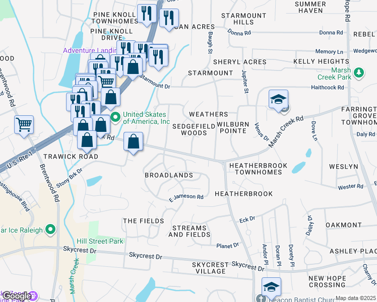 map of restaurants, bars, coffee shops, grocery stores, and more near 2901 Sedgefield Pines Lane in Raleigh
