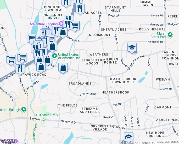 map of restaurants, bars, coffee shops, grocery stores, and more near 2901 Sedgefield Pines Lane in Raleigh