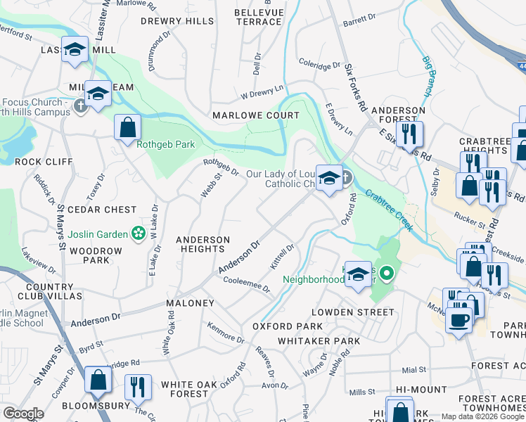 map of restaurants, bars, coffee shops, grocery stores, and more near 2800 Claremont Road in Raleigh