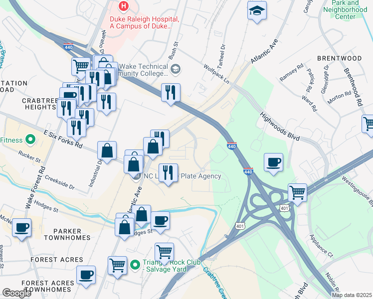 map of restaurants, bars, coffee shops, grocery stores, and more near 1401 Coopers Hill Drive in Raleigh