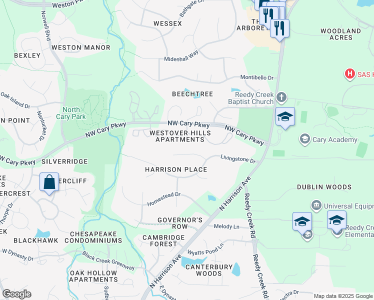 map of restaurants, bars, coffee shops, grocery stores, and more near 108 Canberra Court in Cary