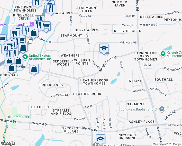 map of restaurants, bars, coffee shops, grocery stores, and more near 3611 Marsh Creek Road in Raleigh