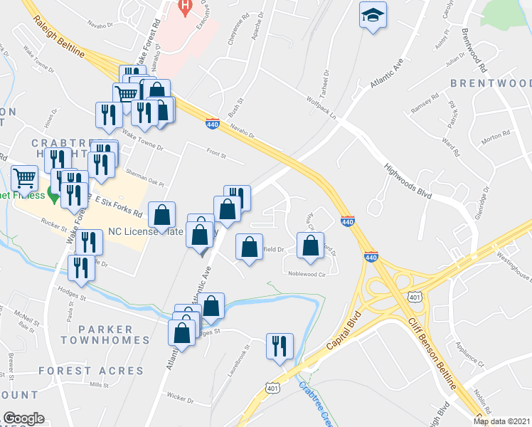 map of restaurants, bars, coffee shops, grocery stores, and more near 2821 Wilshire Hill Drive in Raleigh