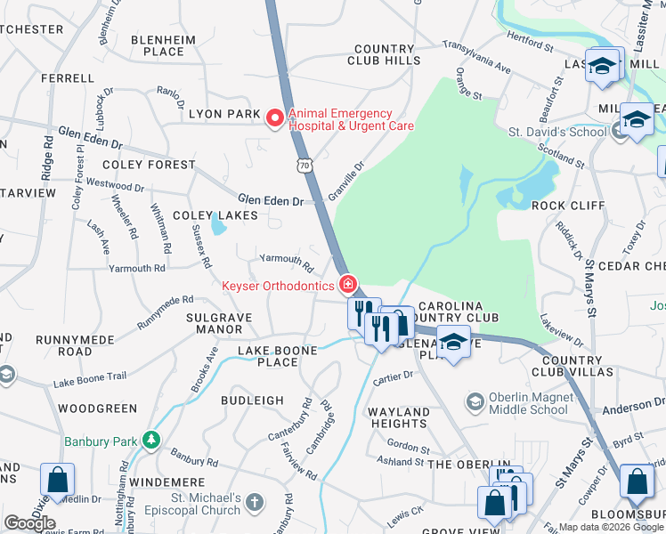 map of restaurants, bars, coffee shops, grocery stores, and more near 2717 Glenwood Avenue in Raleigh