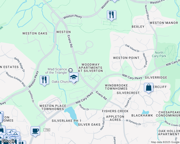 map of restaurants, bars, coffee shops, grocery stores, and more near 300 Woodway Bluff Circle in Cary