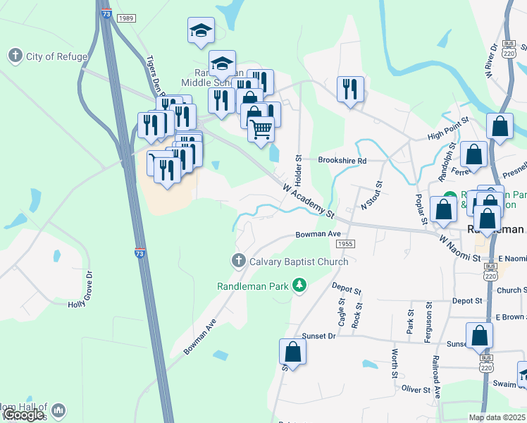 map of restaurants, bars, coffee shops, grocery stores, and more near 117 Reece Court in Randleman