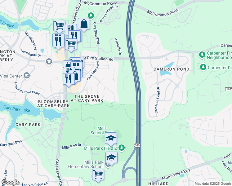 map of restaurants, bars, coffee shops, grocery stores, and more near 1632 Cary Reserve Drive in Cary