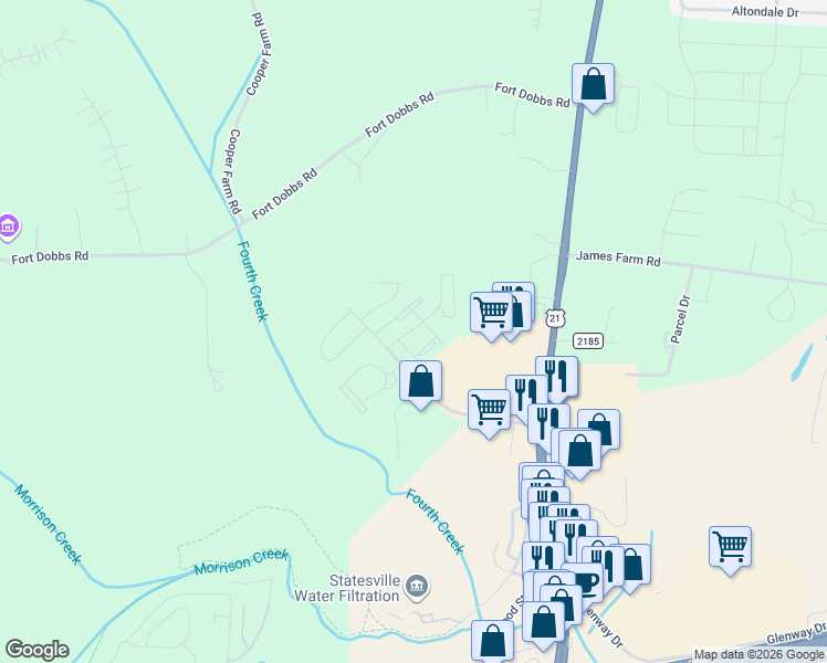map of restaurants, bars, coffee shops, grocery stores, and more near 118 Solstice Drive in Statesville