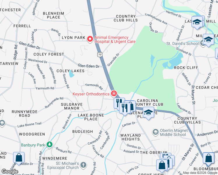 map of restaurants, bars, coffee shops, grocery stores, and more near 2717 Glenwood Avenue in Raleigh