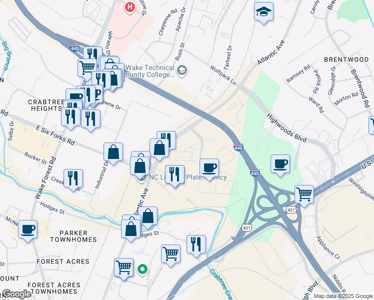 map of restaurants, bars, coffee shops, grocery stores, and more near 2821 Wilshire Hill Drive in Raleigh