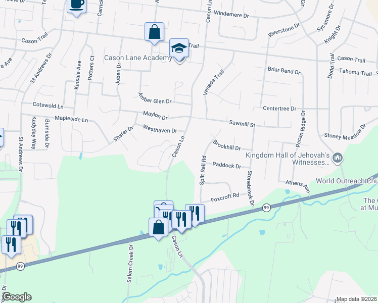 map of restaurants, bars, coffee shops, grocery stores, and more near 1647 Cason Lane in Murfreesboro