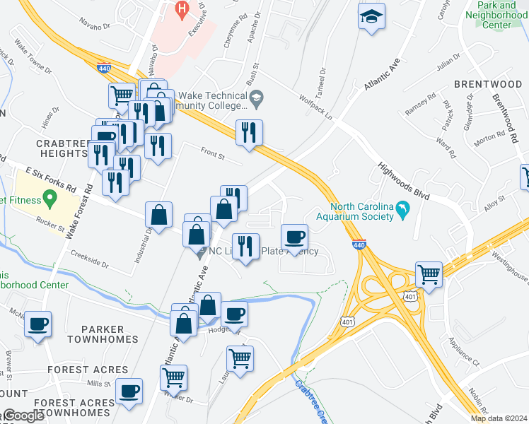 map of restaurants, bars, coffee shops, grocery stores, and more near 2810 Bedford Green Drive in Raleigh