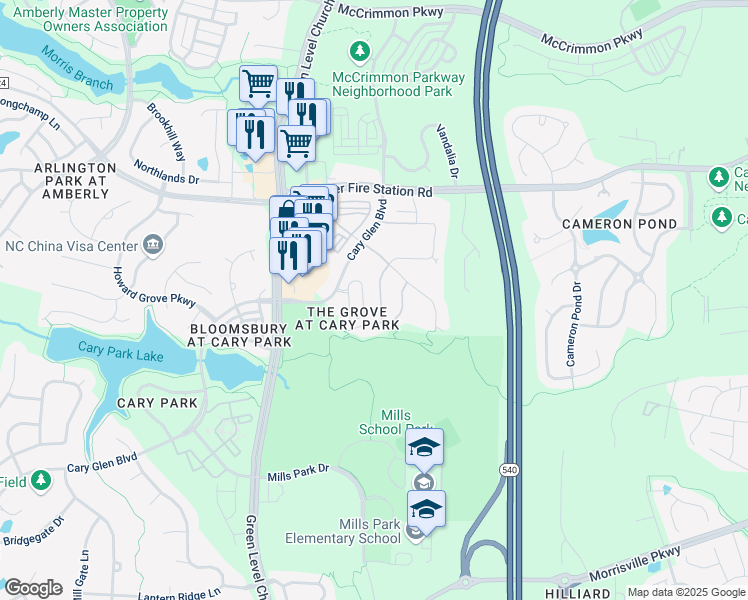 map of restaurants, bars, coffee shops, grocery stores, and more near 1419 Glenwater Drive in Cary