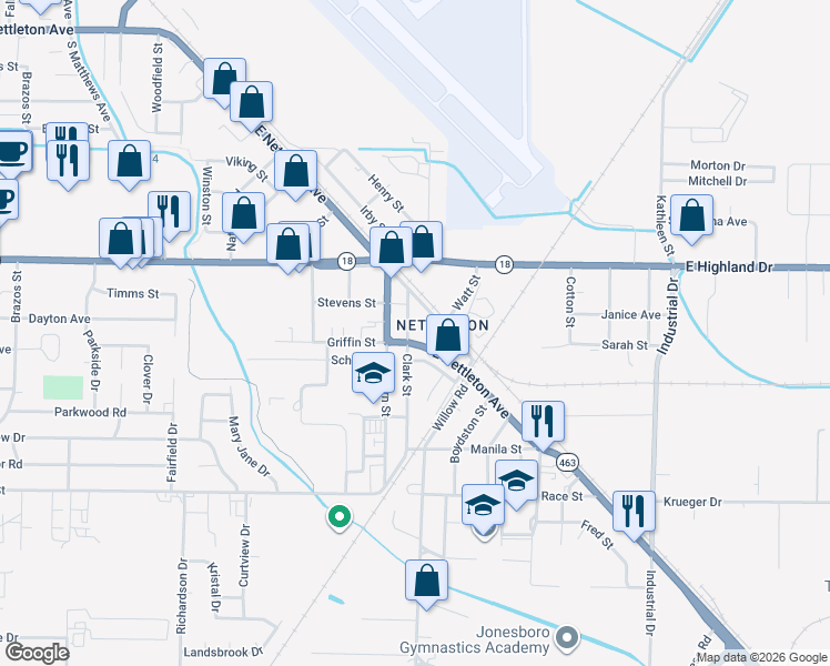 map of restaurants, bars, coffee shops, grocery stores, and more near 4800 East Nettleton Avenue in Jonesboro