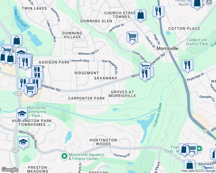 map of restaurants, bars, coffee shops, grocery stores, and more near 220 Low Country Court in Morrisville