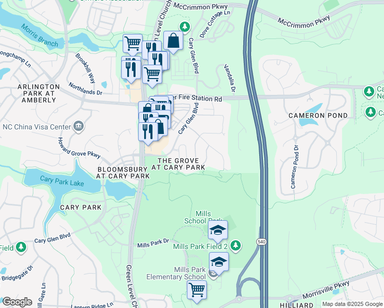 map of restaurants, bars, coffee shops, grocery stores, and more near 1419 Glenwater Drive in Cary